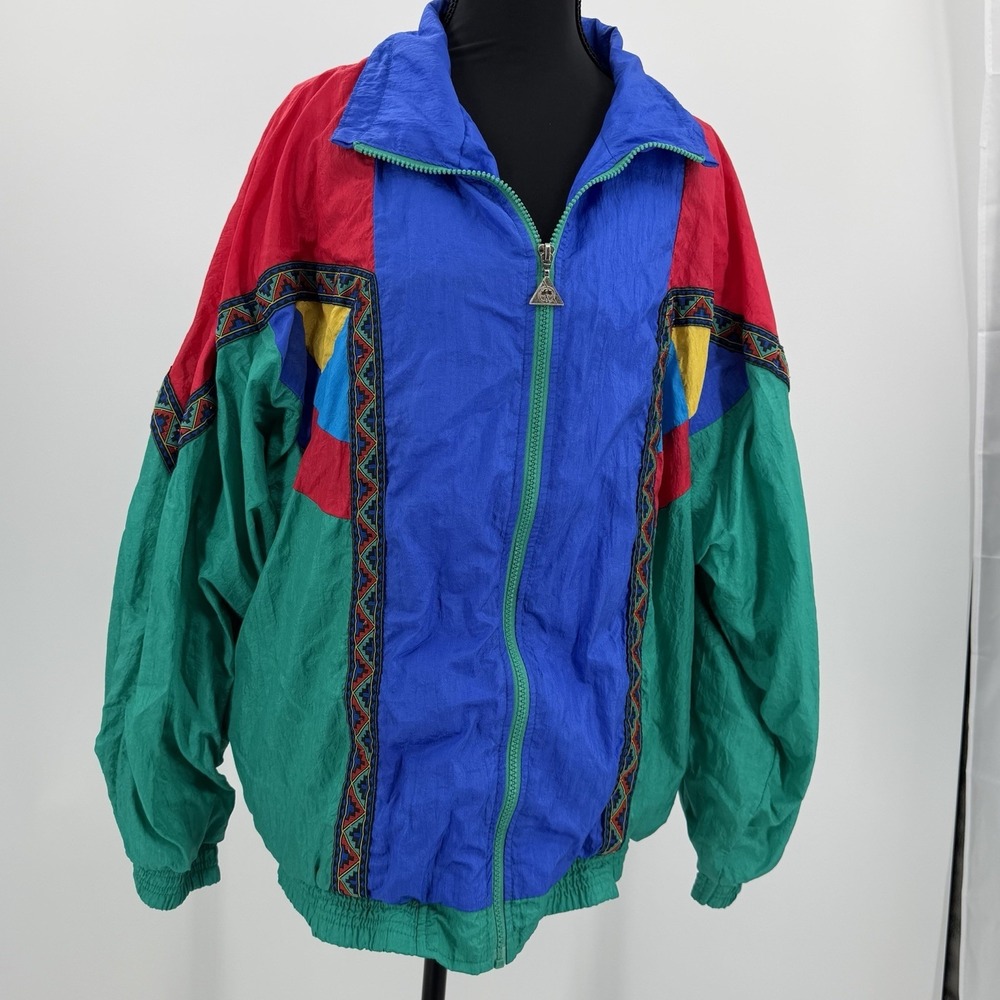 Casual Isle Vintage Nylon 80s 90s Colorblock Aztec Windbreaker Womens L Retro